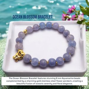 8 mm Aquamarine Gold Flower charm bracelet